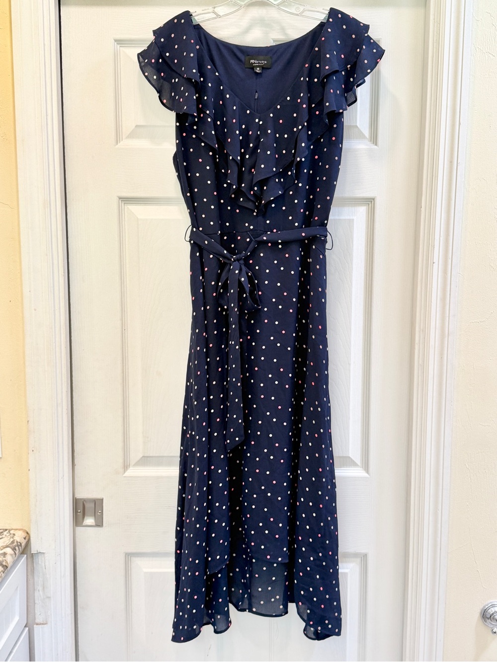 RN Studio midi dress navy polka dot short sleeve ruffle v neck belted 16 NWT
